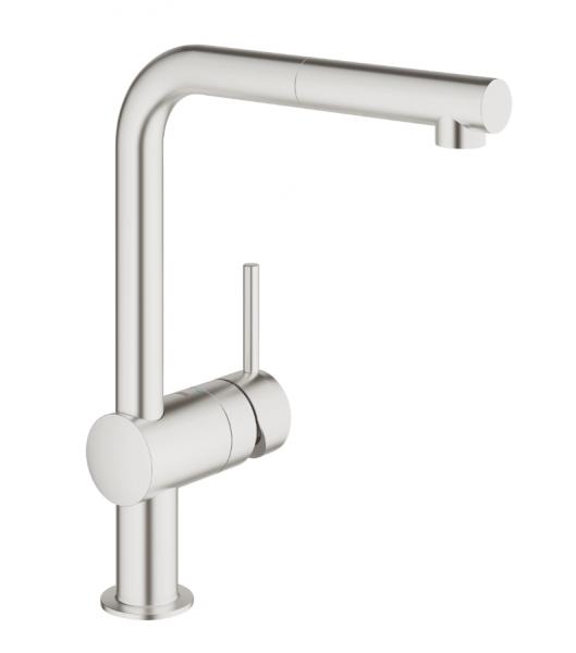 Grohe Minta k&oslash;kkenarmatur m/udtr&aelig;k og L-tud - Supersteel