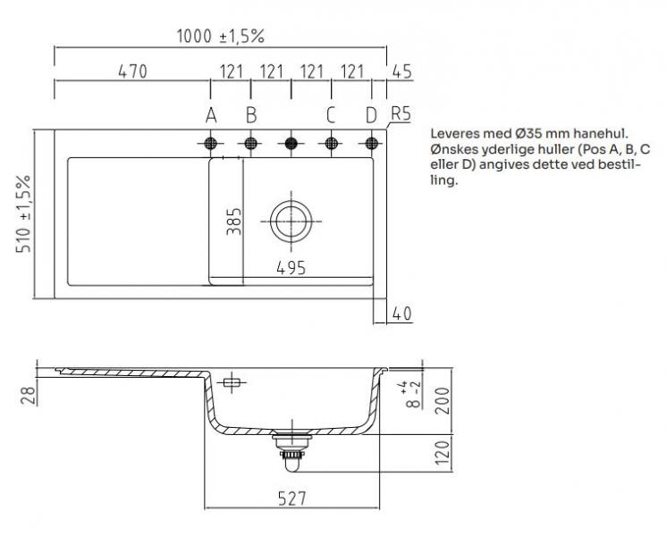 Lavabo Mera 100 SL porcel&aelig;nsk&oslash;kkenvask - Vask til h&oslash;jre/sort afl&oslash;b