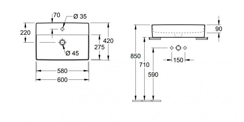 V&B Memento 2.0 60 fritst&aring;ende bowlevask - 1/3 hanehuller