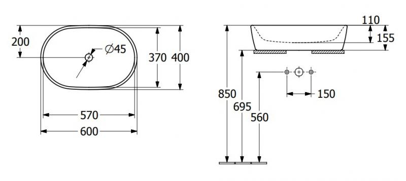V&B Architectura 60 fritst&aring;ende bowlevask - Med overl&oslash;b