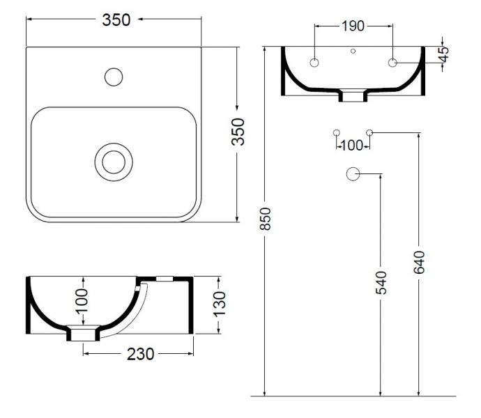 Lavabo Axa 1020 35 h&aring;ndvask t/v&aelig;g eller bord - 1 hanehul