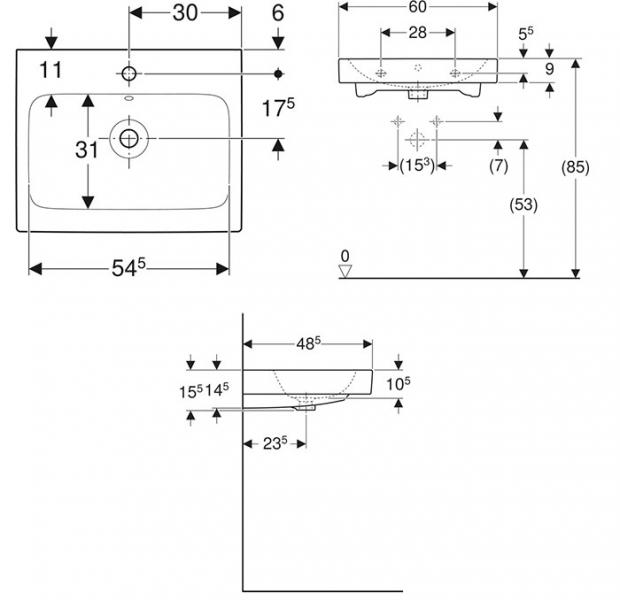 Geberit iCon 60 h&aring;ndvask t/v&aelig;g eller m&oslash;bel - 1 hanehul