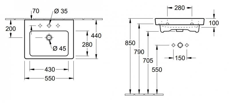 V&B Subway 2.0 55 håndvask t/væg - 1/3 hanehuller V&B Subway 2.0 55 håndvask t/væg - 1/3 hanehuller