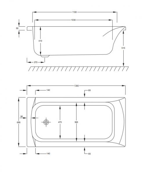 Str&oslash;mberg Delta badekar t/indbygning - 140 x 70 - 1 rygl&aelig;n