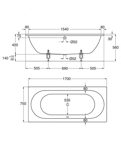 Gustavsberg 1380 badekar t/indbygning - 170 x 75