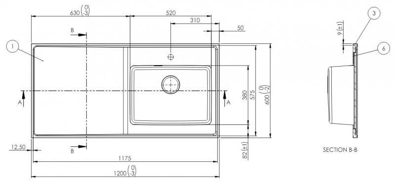 Intra Qube F12 st&aring;lbordplade k&oslash;kkenvask - H&oslash;jre - 120 cm