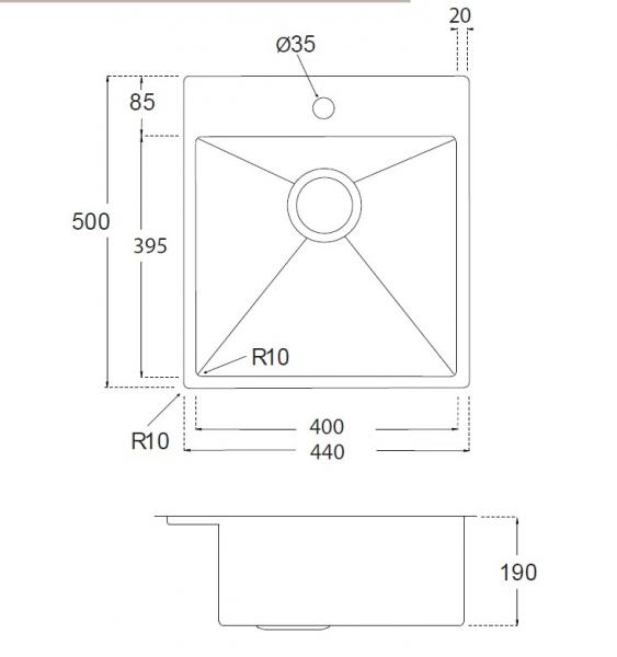 Lavabo Kubus 440 Soft k&oslash;kkenvask - Rustfrit st&aring;l