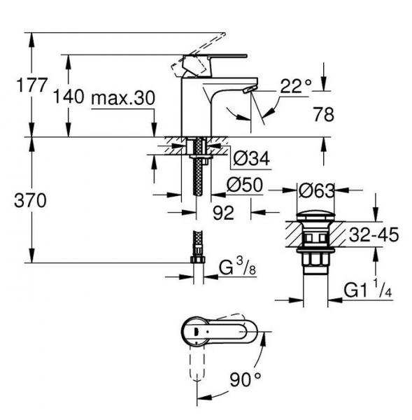 Grohe Get S h&aring;ndvaskarmatur Eco m/Koldstart og push-open bundventil - Mat sort