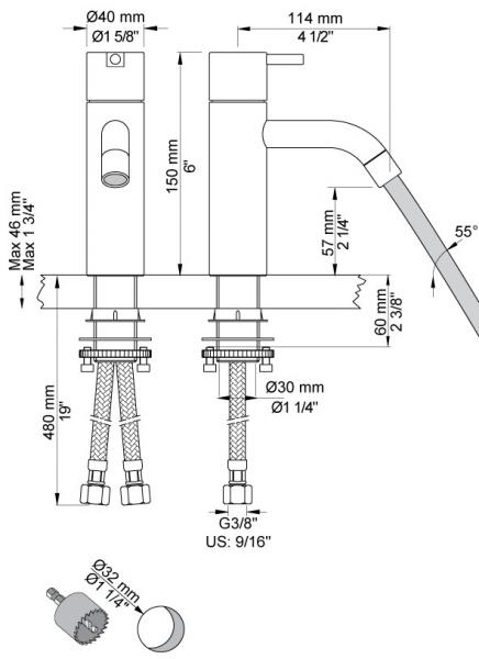 Vola HV1+30 h&aring;ndvaskbatteri u/bundventil - Krom