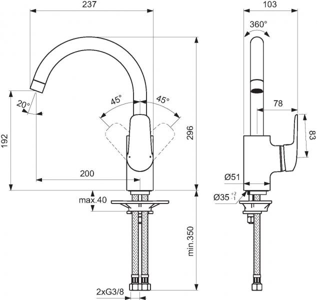 Ideal Standard Ceraflex k&oslash;kkenbatteri - H&oslash;j C-tud