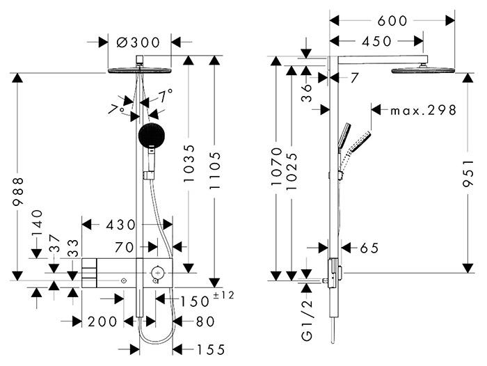 hansgrohe Raindance Alive S Showerpipe 300 2jet m/ShowerSelect Comfort og EcoSmart - B&oslash;rstet bronze