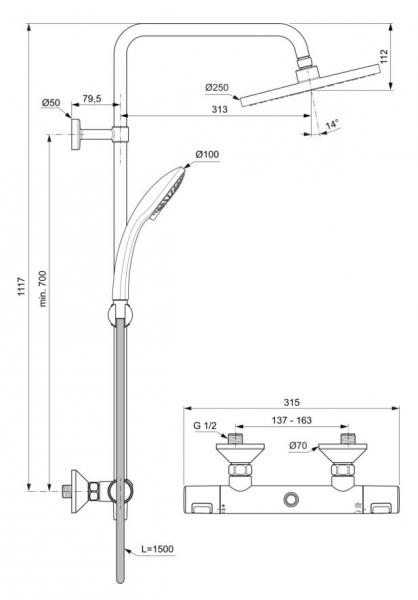 Ideal Standard Ceratherm T25 250 komplet brusesystem Eco - Krom