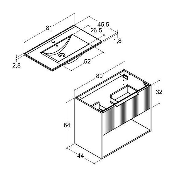 Dansani Mido+ Classic 81 m&oslash;bels&aelig;t m/Amber vask, 1 skuffe og &aring;bent rum - Striber/mat sand