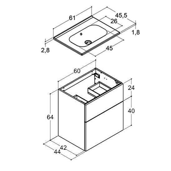 Dansani Luna 61 m&oslash;bels&aelig;t m/Kantate vask, h&oslash;j skuffe og indretning - Varm eg
