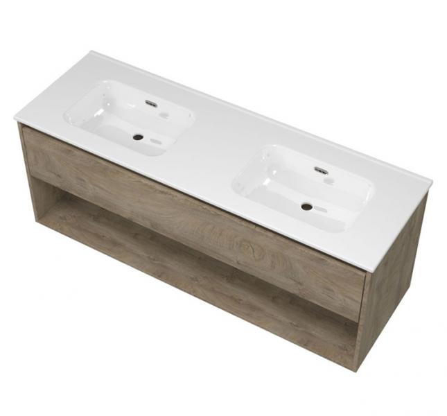 Sanibell Proline 140 m&oslash;bels&aelig;t m/skuffe, hylde og dobbeltvask - Uden hanehul - R&aring; eg