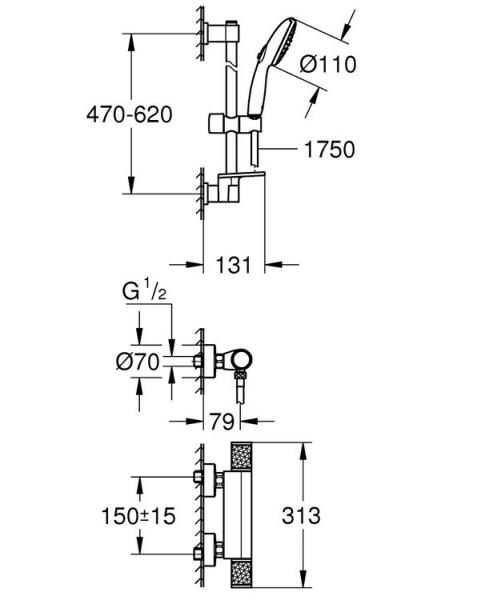 Grohe Precision Feel komplet brusesystem m/termostat og håndbruser Grohe Precision Feel komplet brusesystem m/termostat og håndbruser